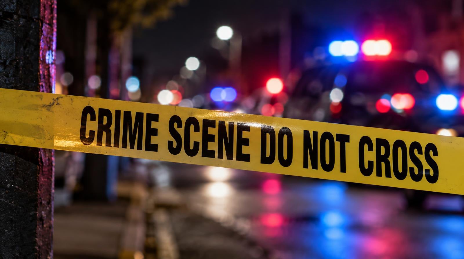 Yellow crime scene tape with blurred red and blue police lights behind it at night.