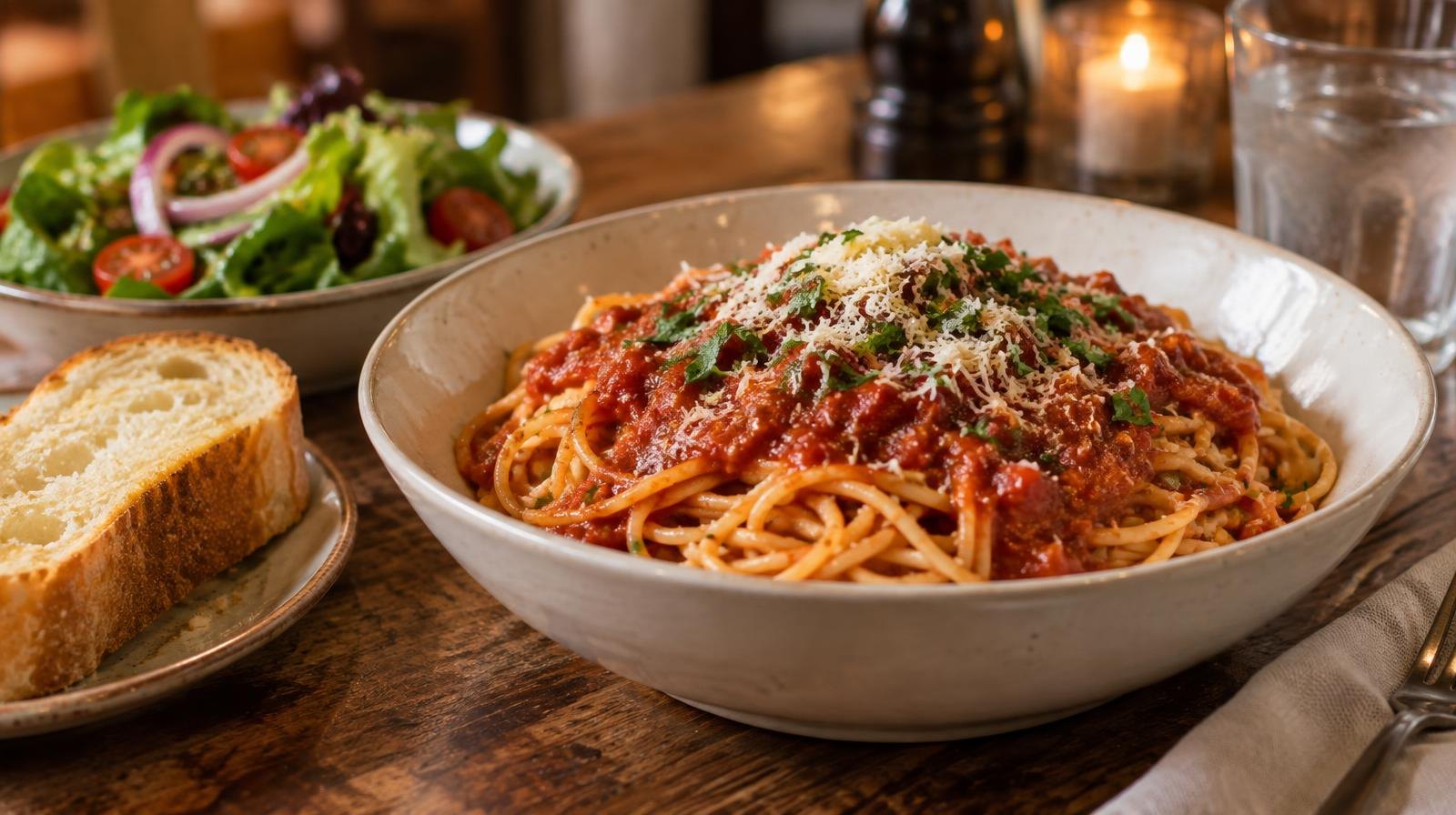 Bowl of spaghetti with marinara sauce, salad, and bread on a wooden table.