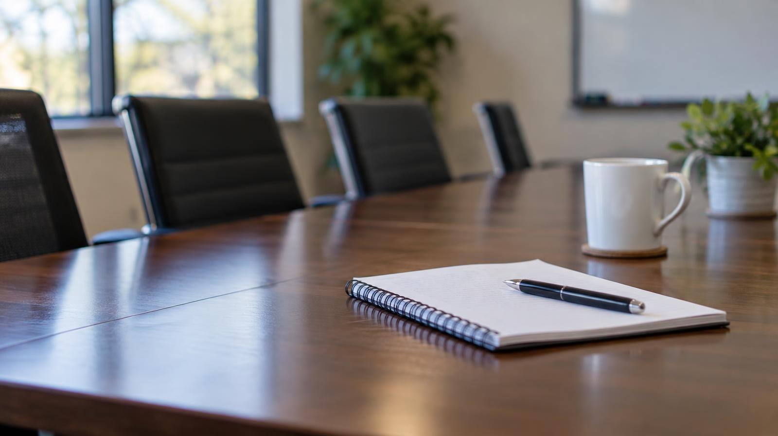 Empty conference room table with chairs, a notepad, and a pen.