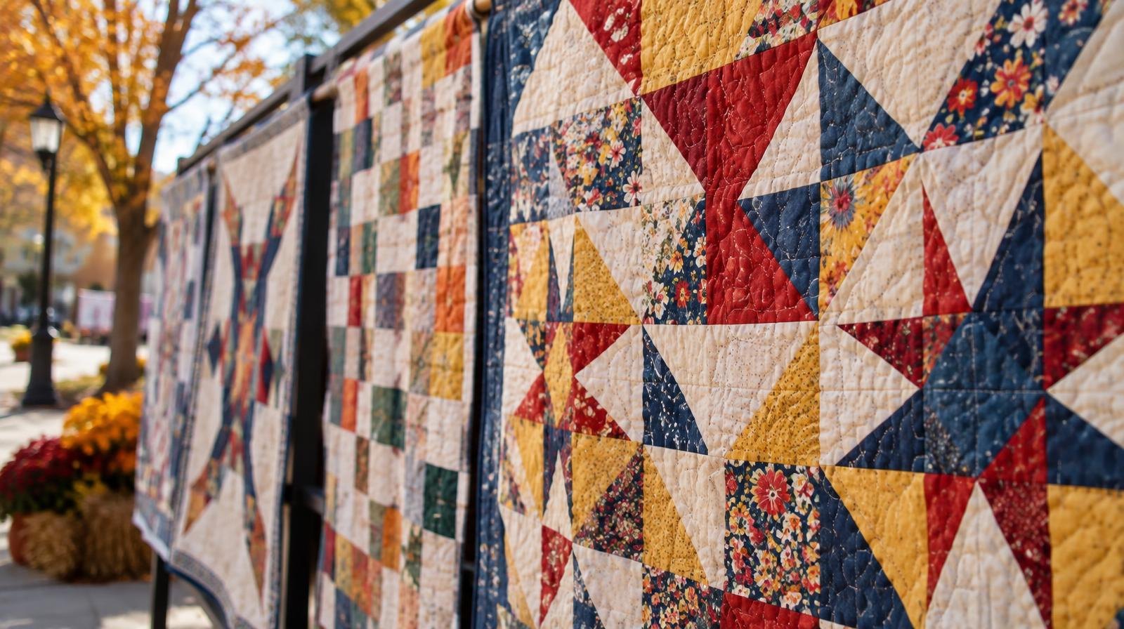 Several colorful patchwork quilts hanging outdoors in bright sunlight.