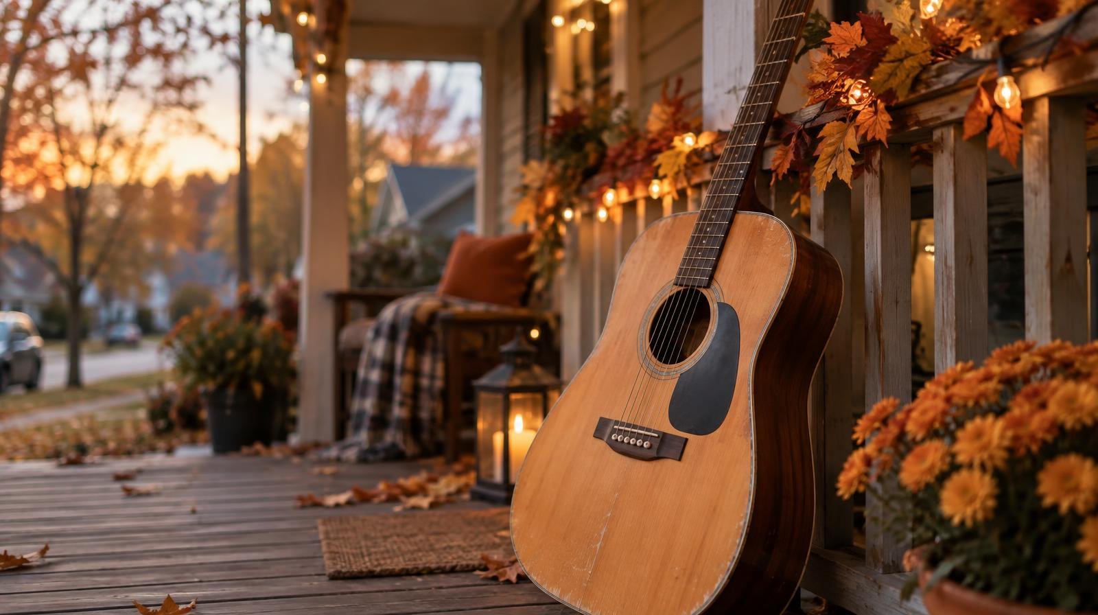 Acoustic guitar leaning on a wooden porch railing with string lights above.