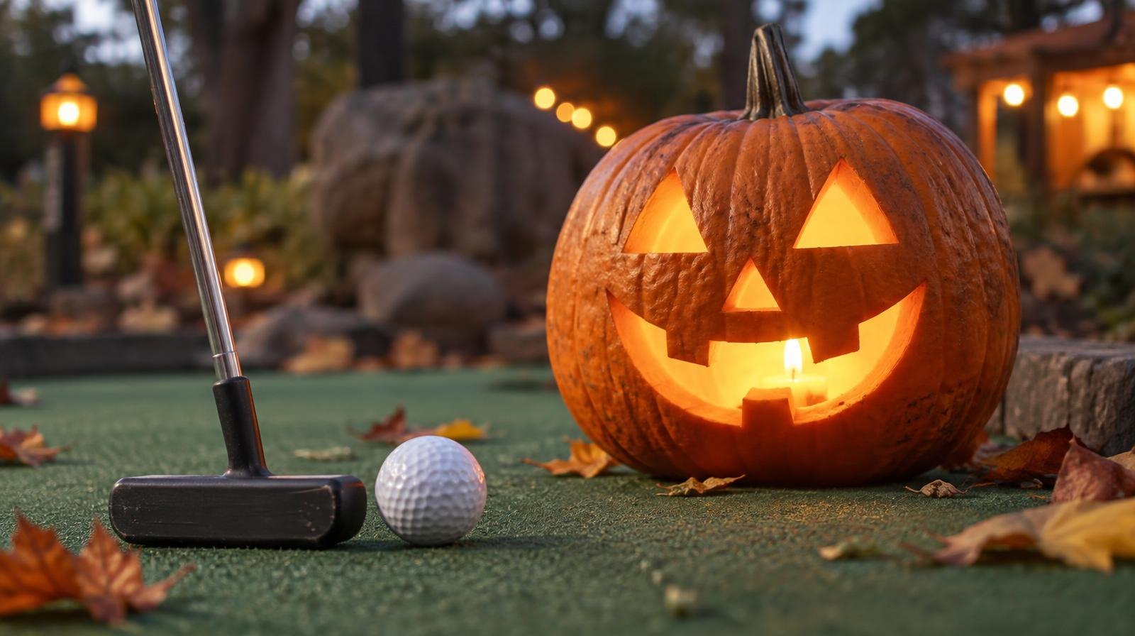 A glowing carved pumpkin beside a golf putter and ball on a putting green.