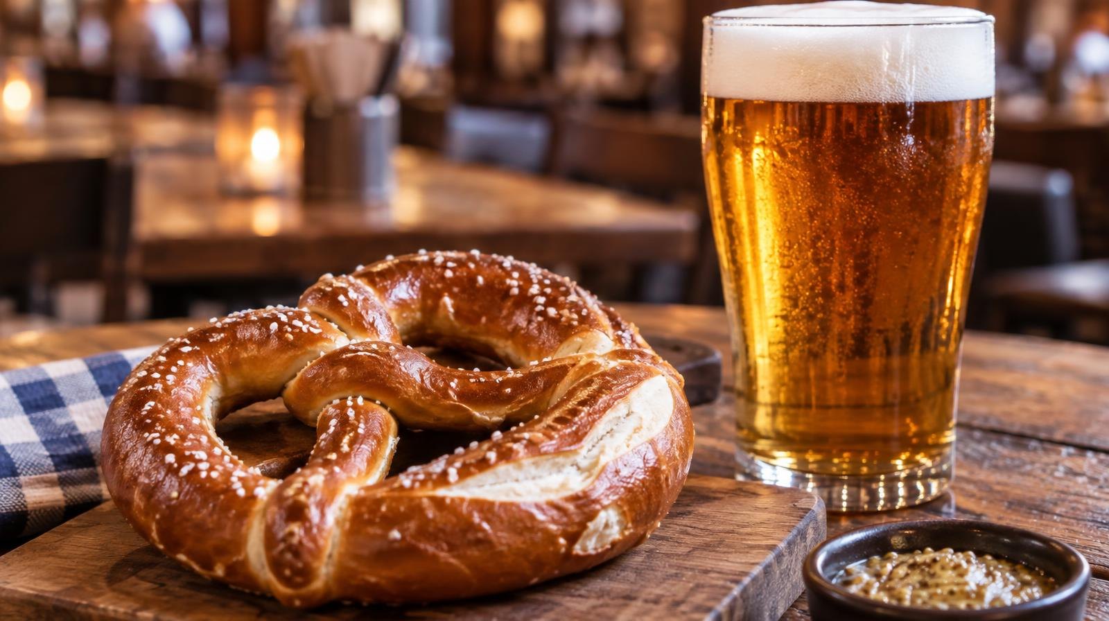 A golden soft pretzel on a wooden board beside a tall glass of amber beer.