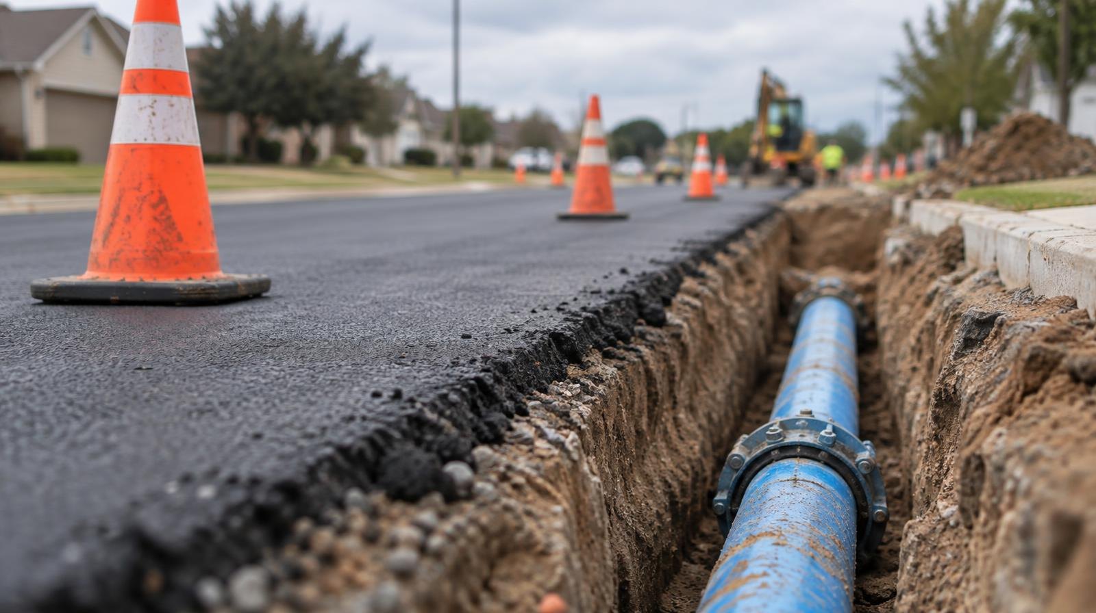New asphalt road surface with orange cones and an open utility trench at the edge.