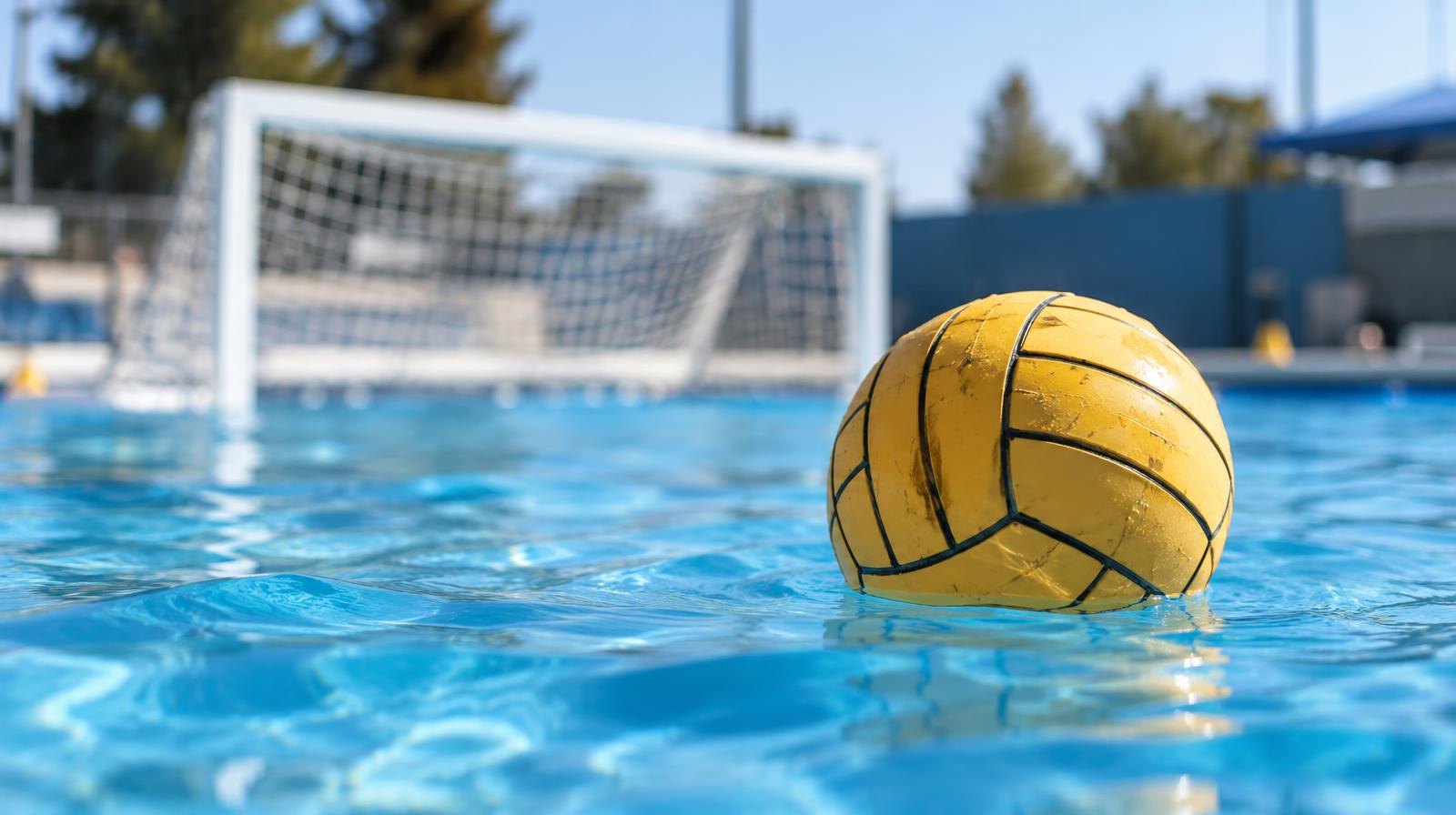 A water polo ball floating on the surface of a bright blue outdoor pool with a goal net in the background.
