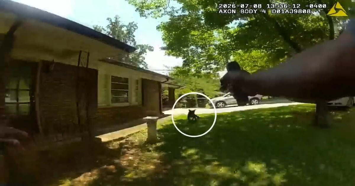 Body camera still showing a firearm extended toward a residential yard with a small dog circled.