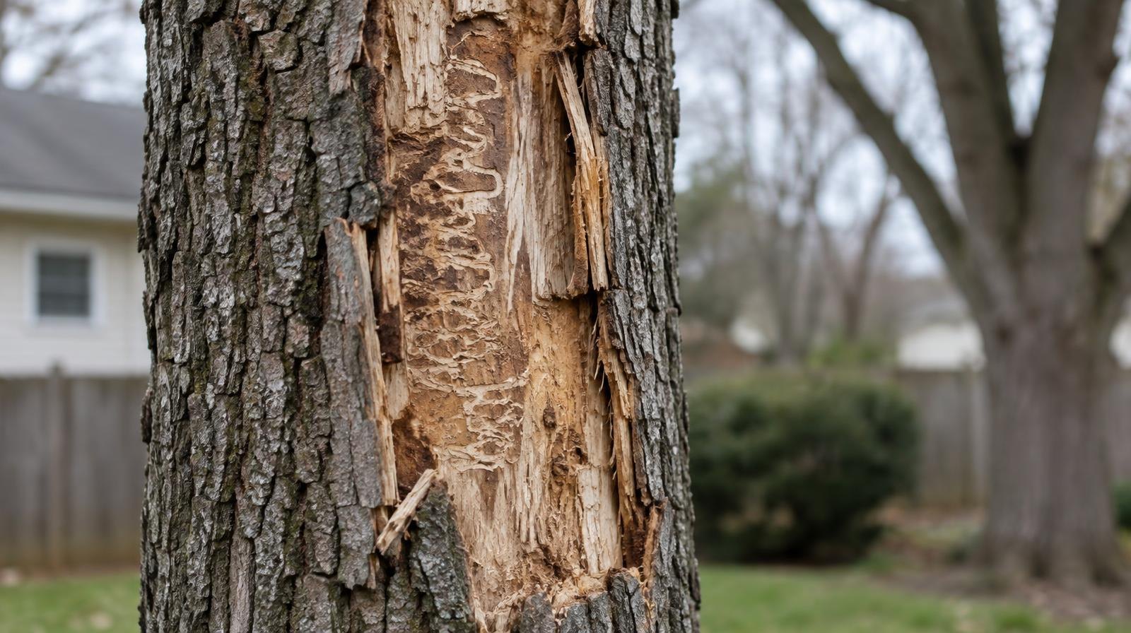 A large tree in a yard with bark peeled back showing winding tunnels beneath.