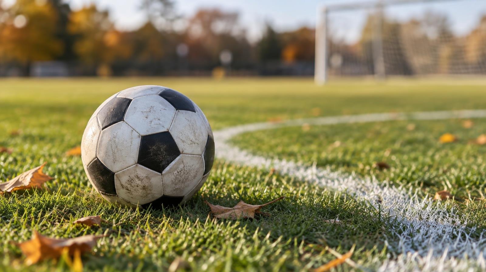 A soccer ball resting on green grass near a white painted penalty arc.