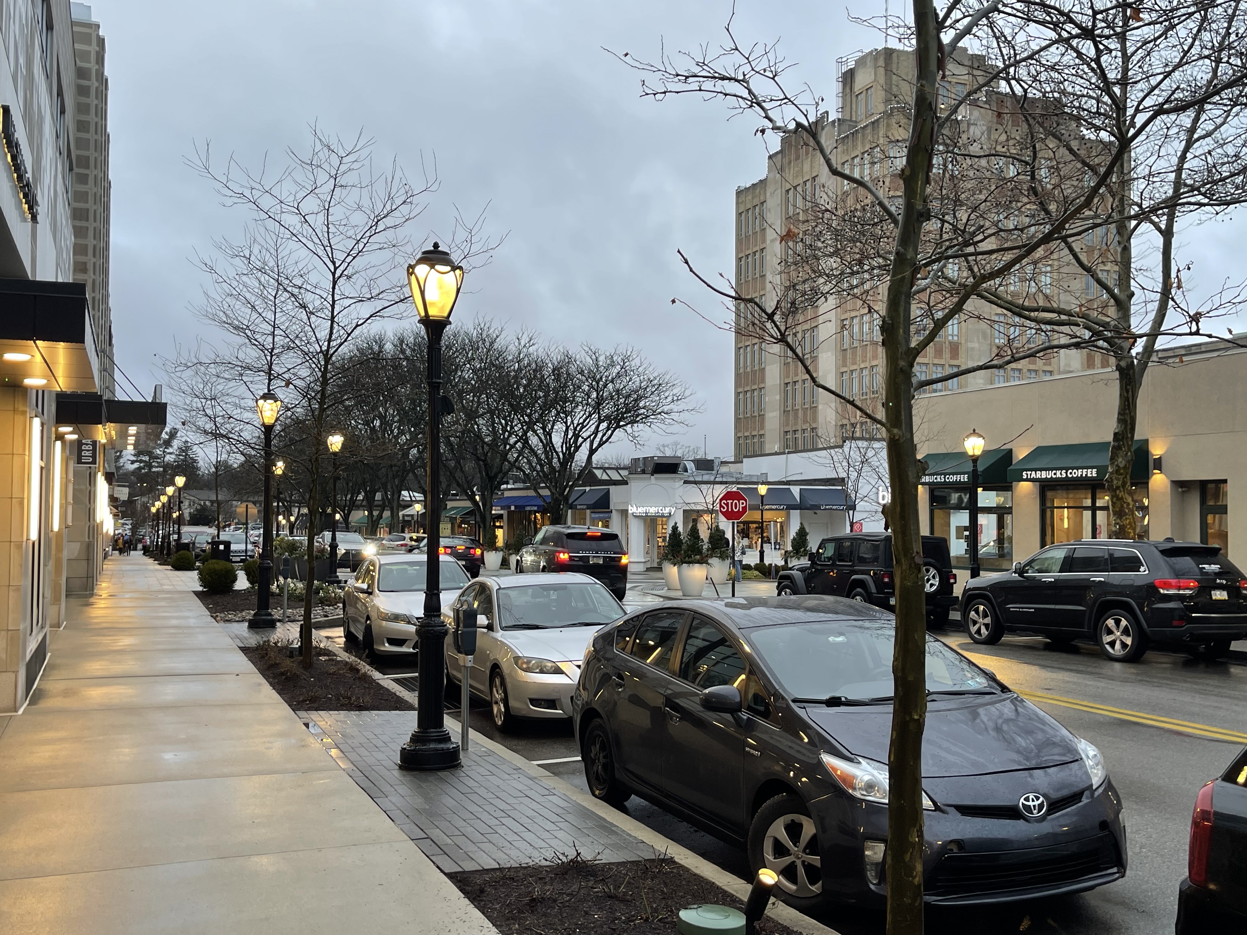 Suburban street lined with parked cars, ornate lamps, and a Starbucks storefront.