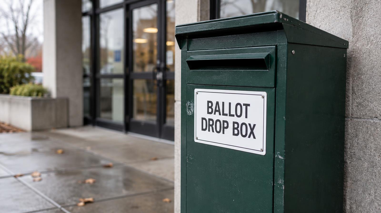 A dark green metal ballot drop box with a secure slot mounted outdoors on a sidewalk.