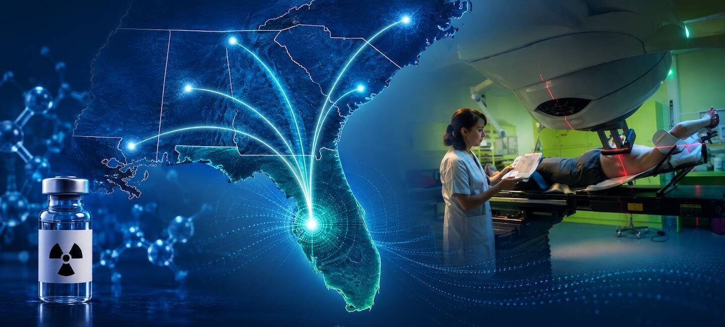 Composite graphic showing a radioactive vial, a glowing map of the southeastern U.S. with Florida highlighted, and a patient on a radiation therapy table.