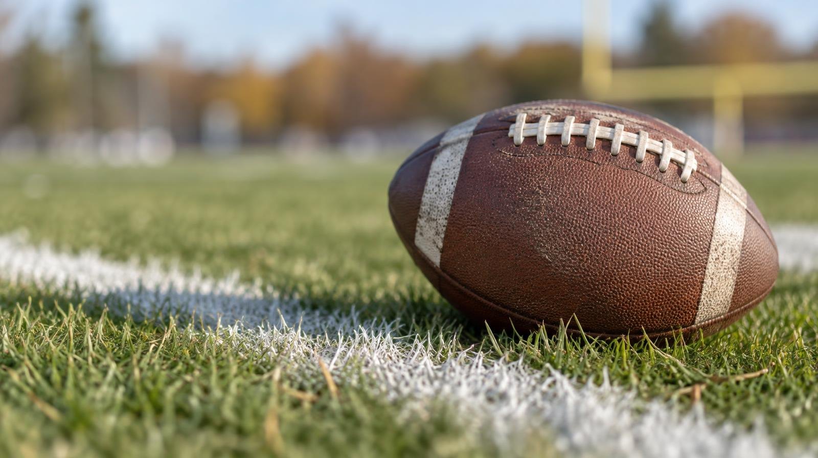 An American football resting on green grass next to a white yard line.