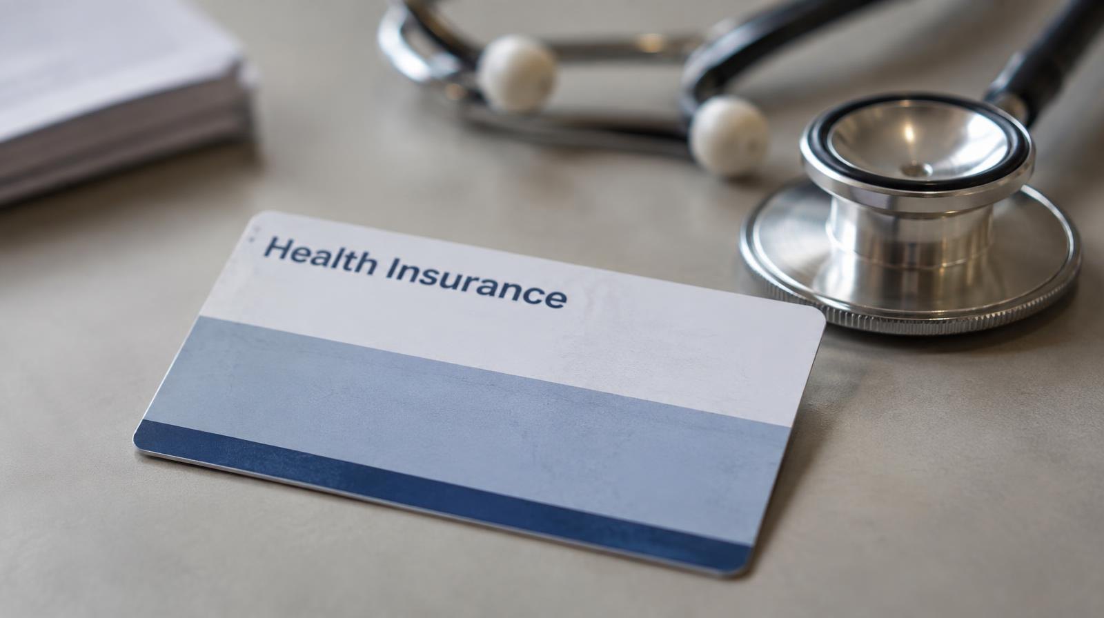 A health insurance card lying next to a stethoscope on a flat surface.