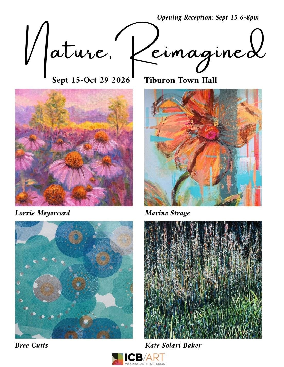 Promotional flyer showing four artwork samples and text for a nature-themed art exhibition.