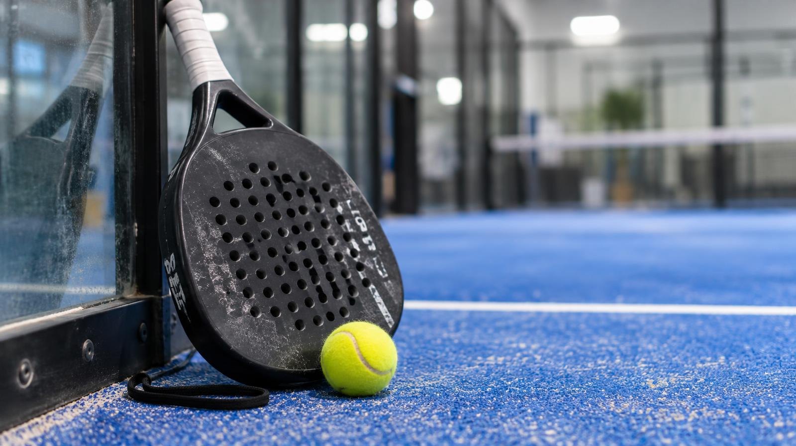A padel racquet and ball on a blue court surface next to a glass wall.