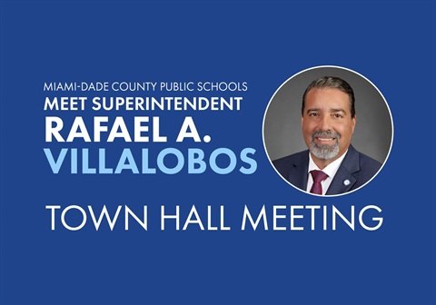Promotional flyer for a school district town hall meeting on a blue background.