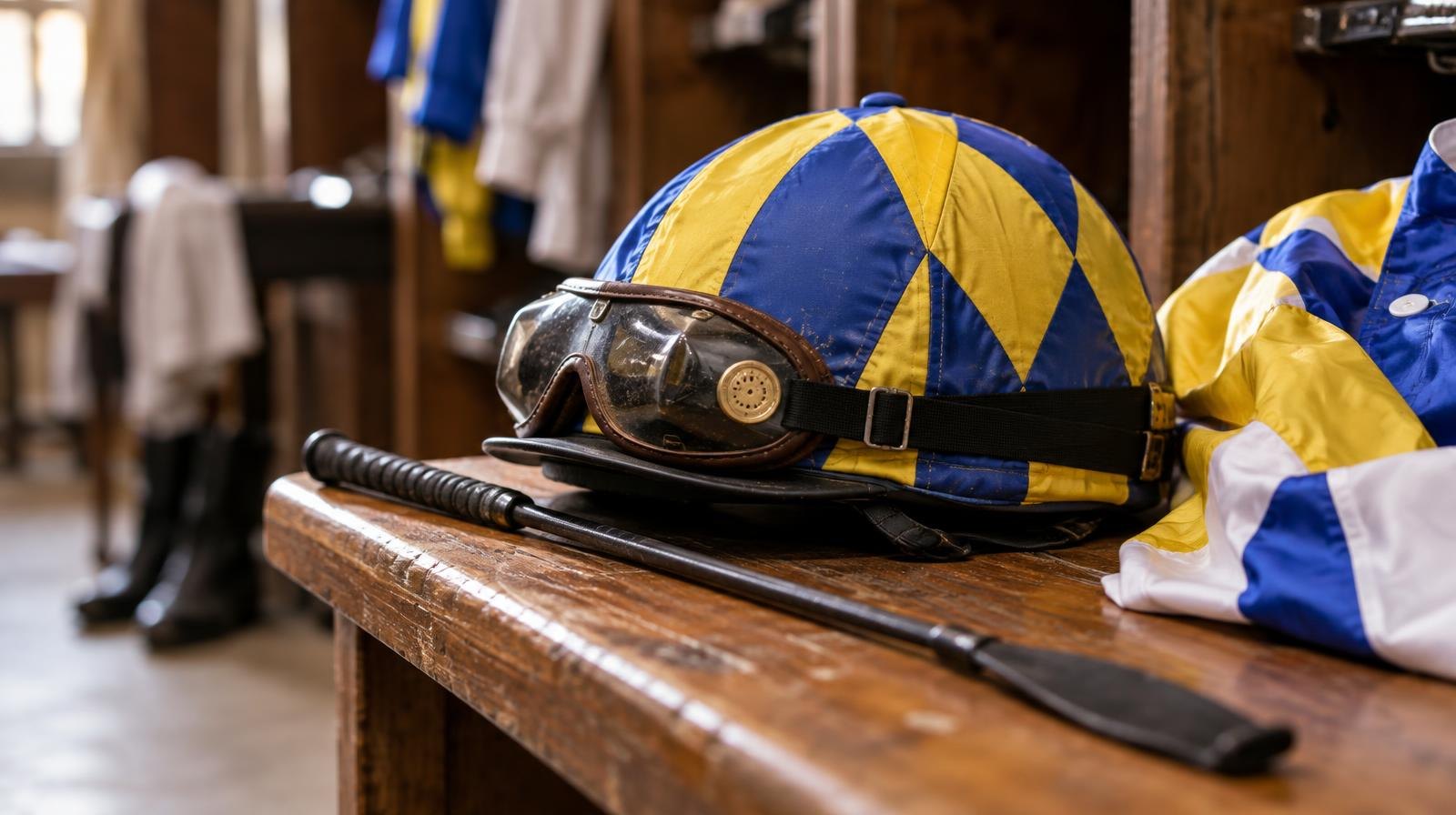 Colorful racing silks, a helmet, and a riding crop resting on a wooden bench.