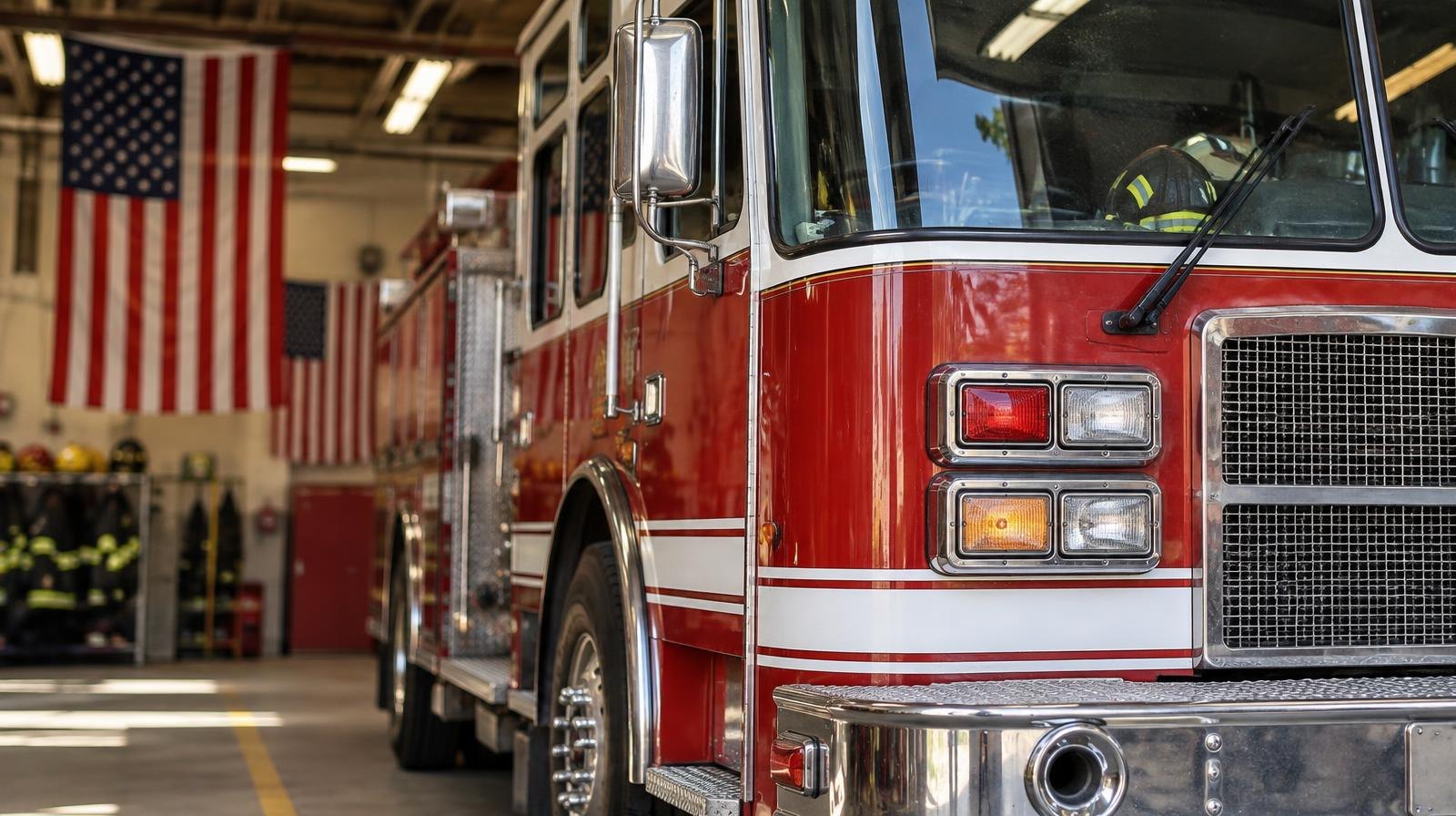 A red fire engine parked inside a fire station bay with American flags nearby.