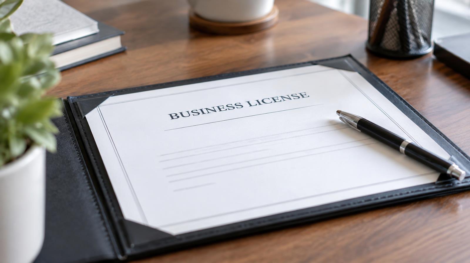 A document holder and pen resting on a wooden desk.