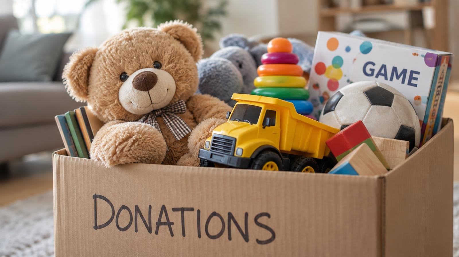Colorful children's toys including a stuffed bear, toy car, and board game in a cardboard box.