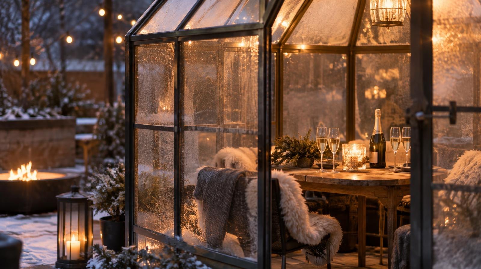Small glass greenhouse structure glowing warmly with champagne flutes on a wooden table inside.