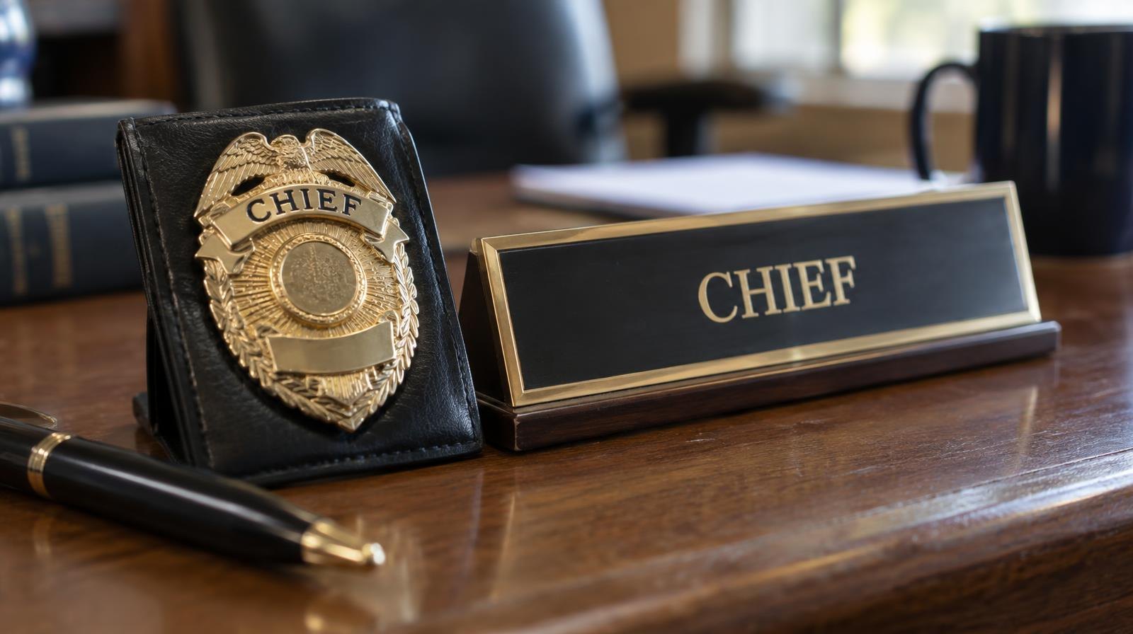 A police chief badge and metal nameplate resting on a wooden desk.