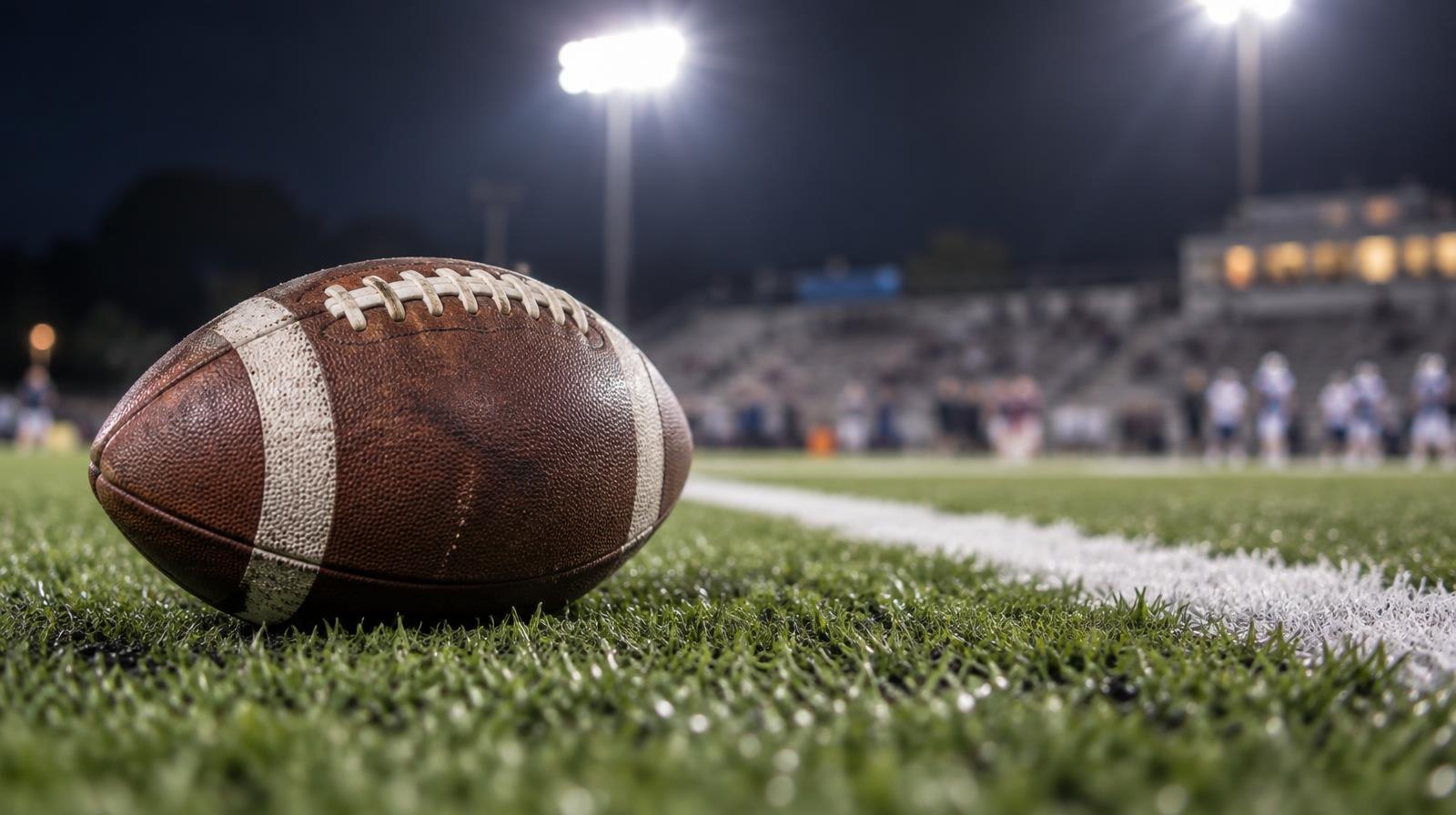 An American football resting on green artificial turf beside a white yard line.