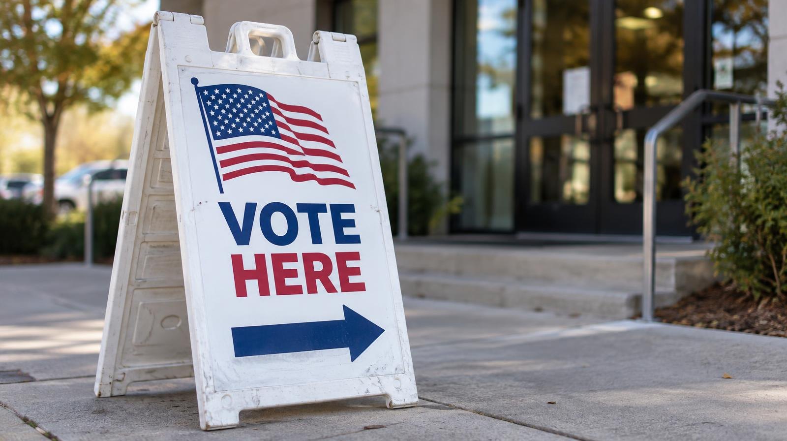 A white portable Vote Here A-frame sign with an American flag and arrow on a sidewalk.