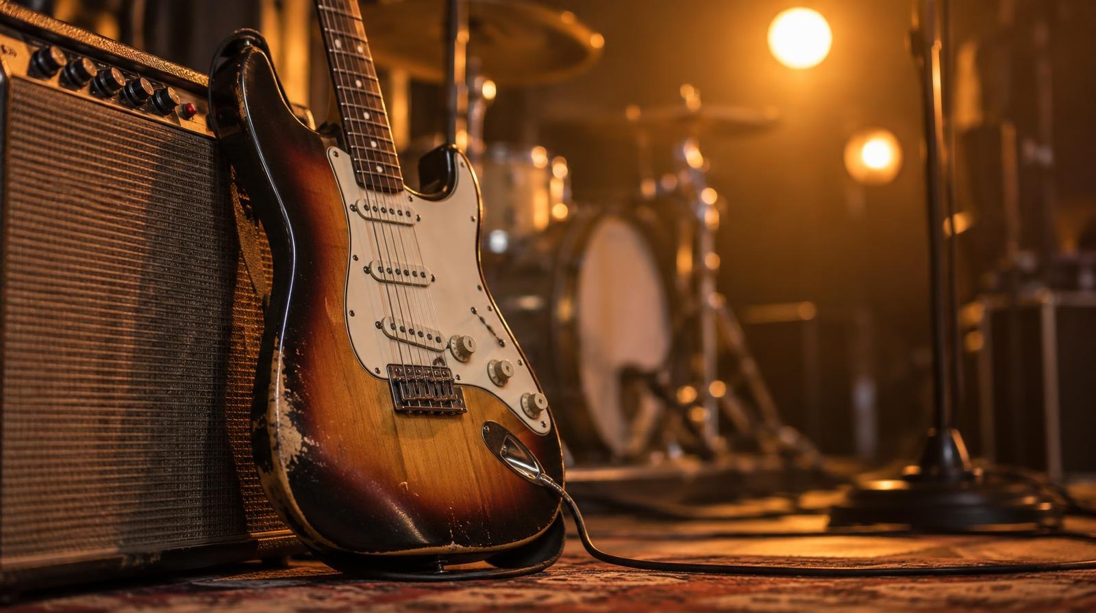 Electric guitar leaning against a vintage amplifier under warm amber stage lighting.