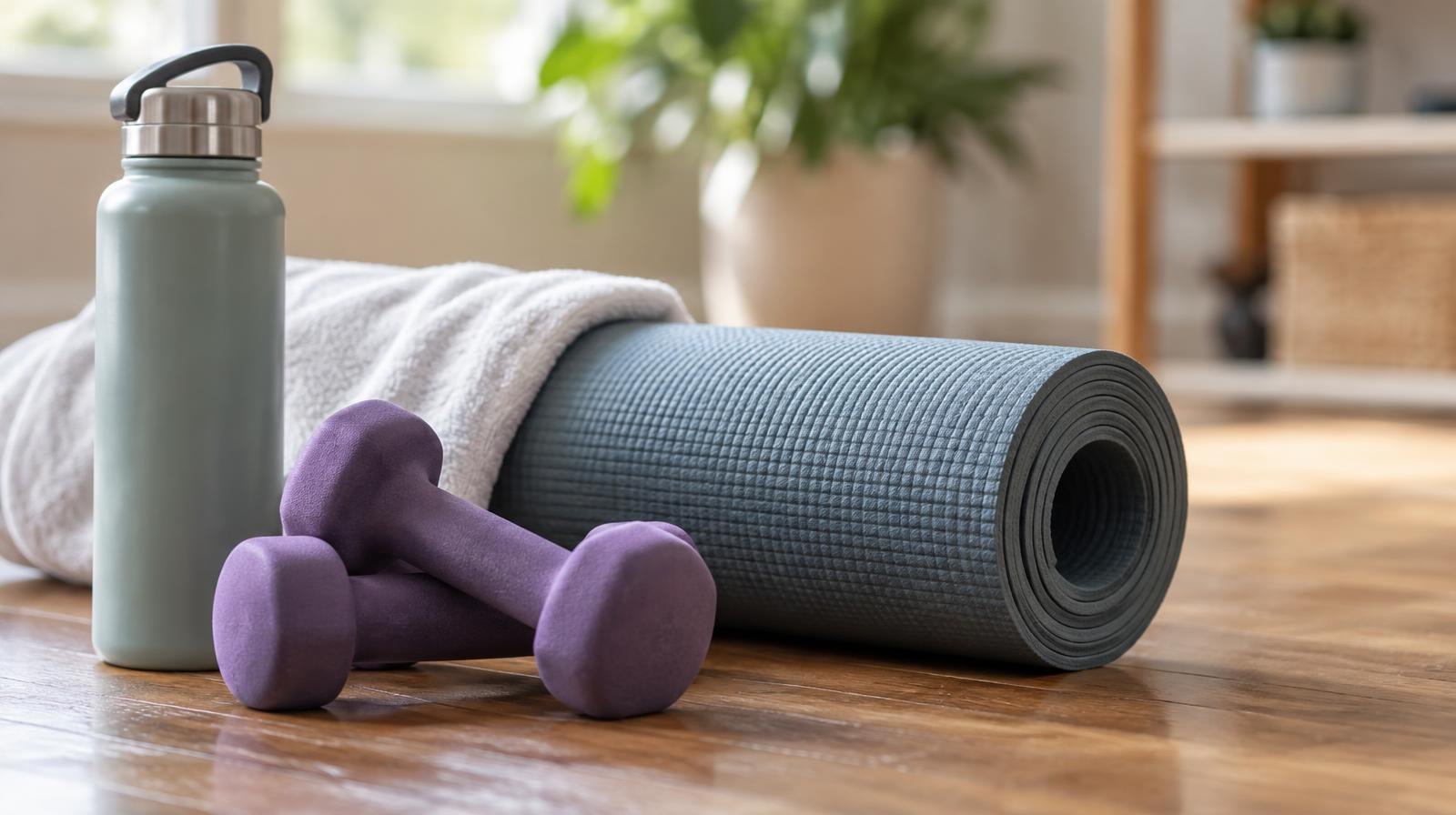A rolled yoga mat, water bottle, and small hand weights on a wooden floor.
