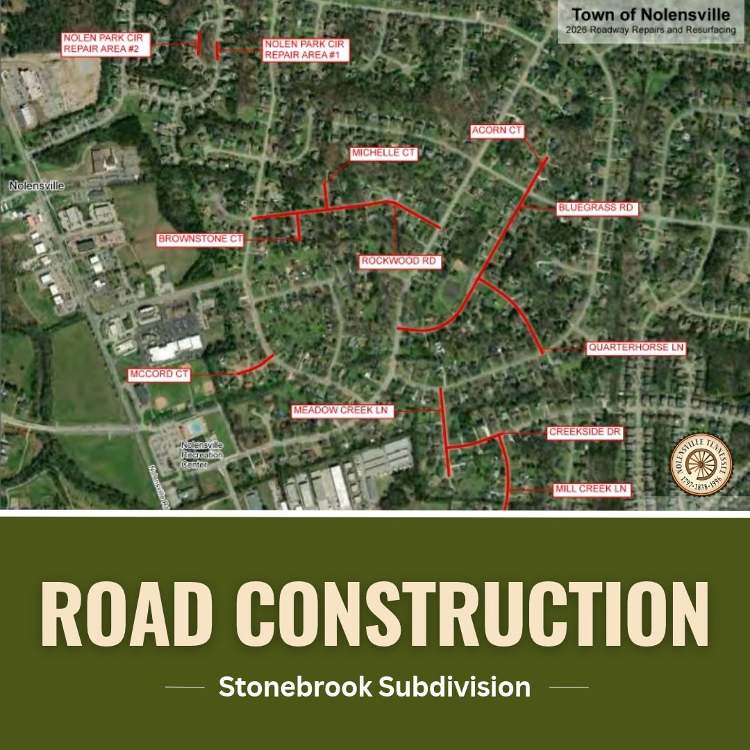 Aerial map with red lines marking road repair areas in a residential subdivision.