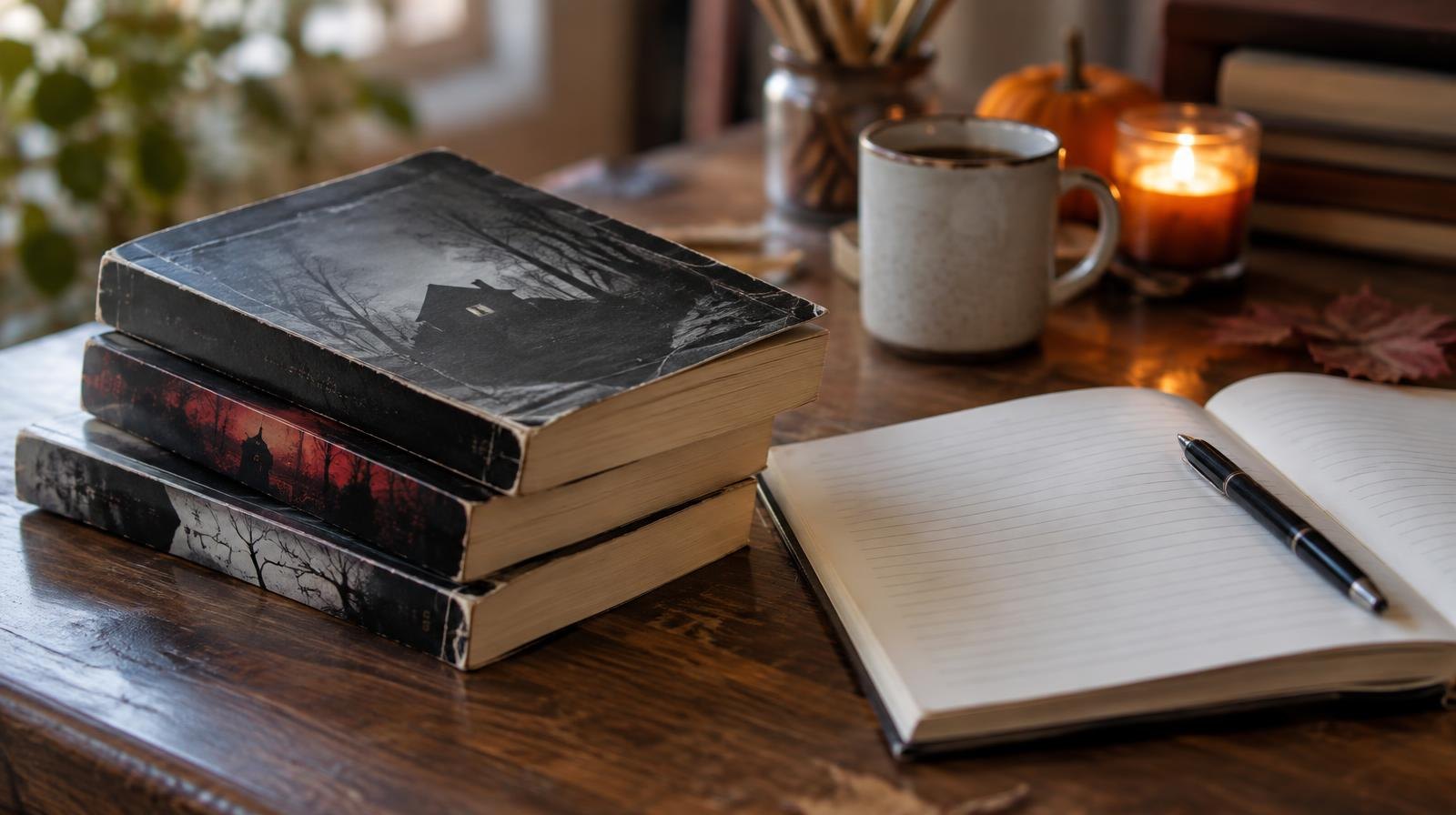 An open notebook with a pen beside a small stack of paperback books on a wooden desk.