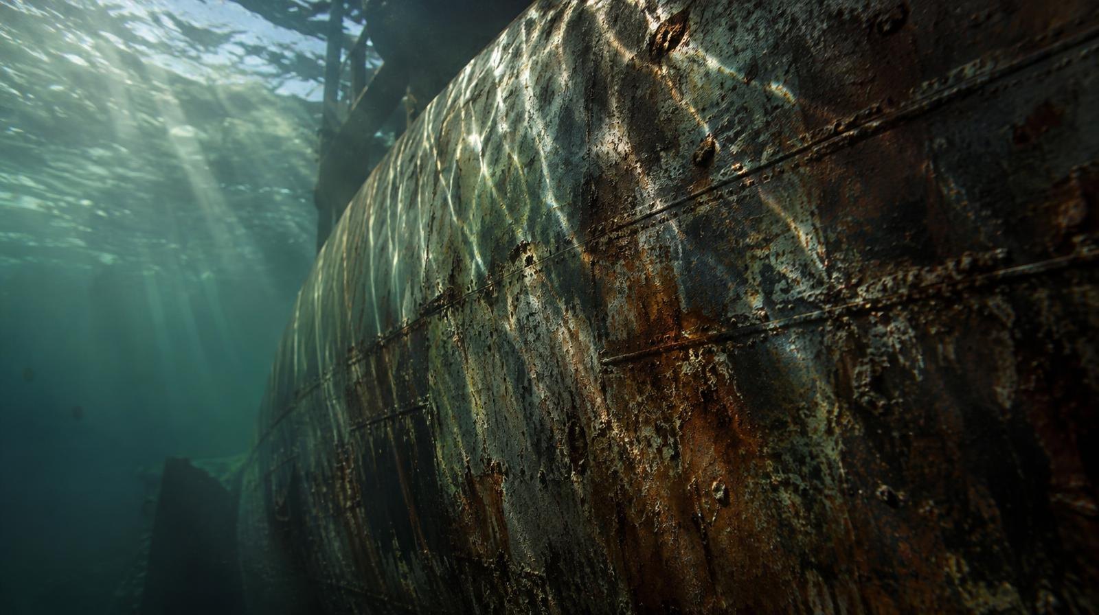 Rusted steel ship hull viewed from below the waterline with shafts of greenish light.