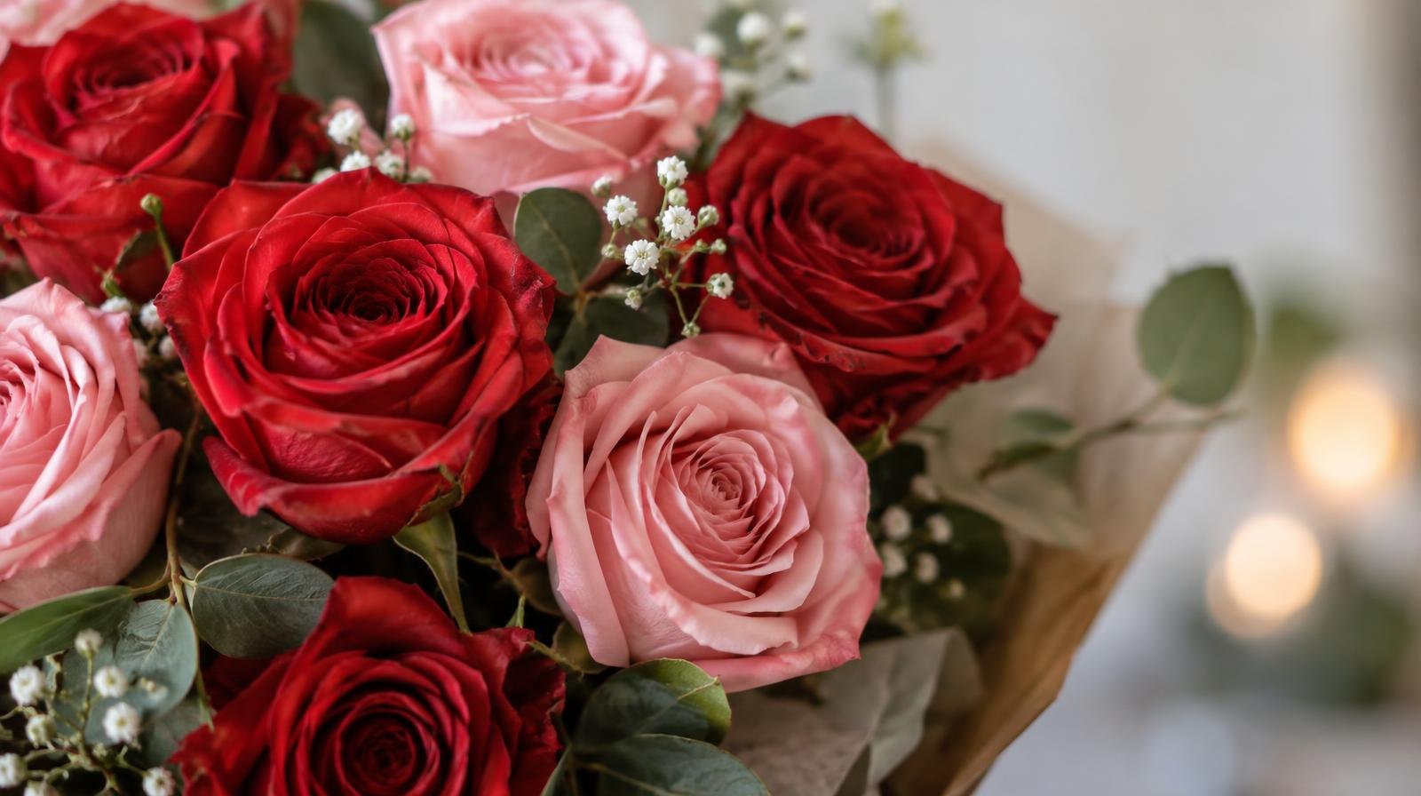 A close-up bouquet of red and pink roses with green leaves.
