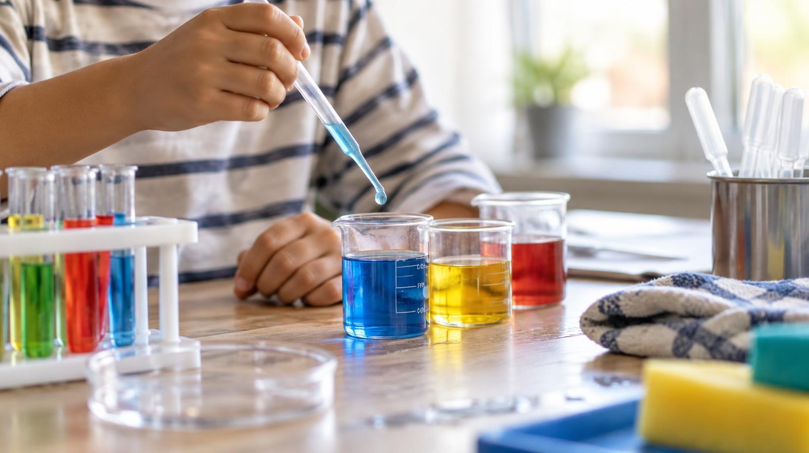Small colorful beakers and science experiment tools arranged on a bright table.