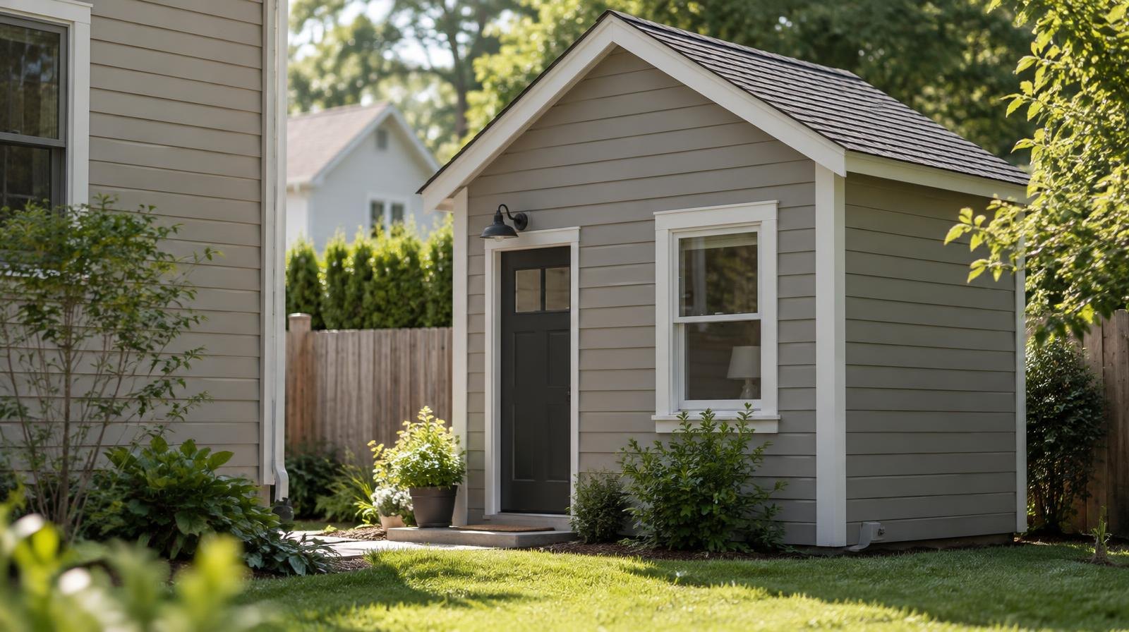 Small detached cottage with gabled roof and wood siding beside a larger home.