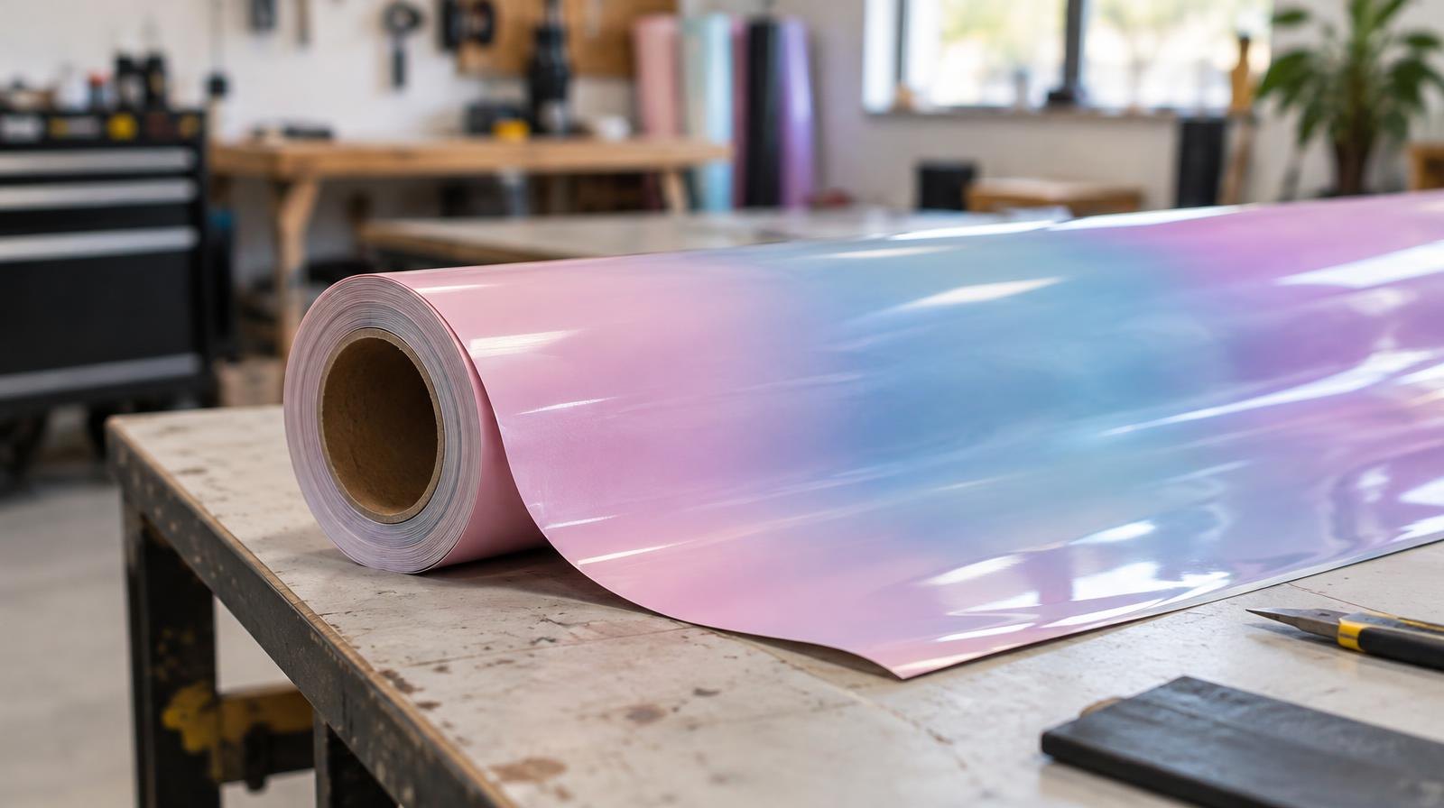 Pastel pink, blue, and purple vinyl wrap rolls unrolled on a workshop table.