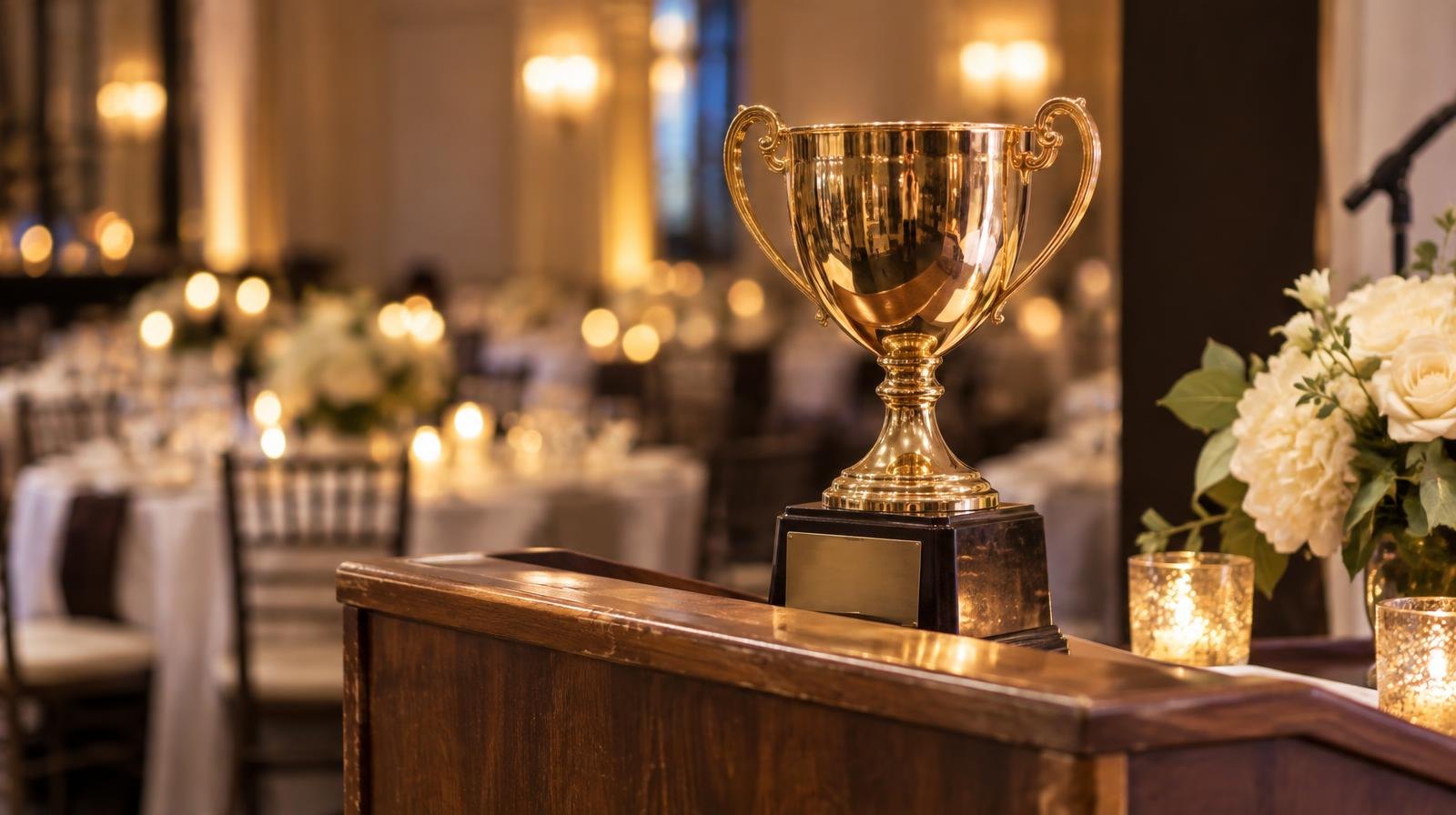 A polished gold trophy on a podium at a candlelit formal dinner.