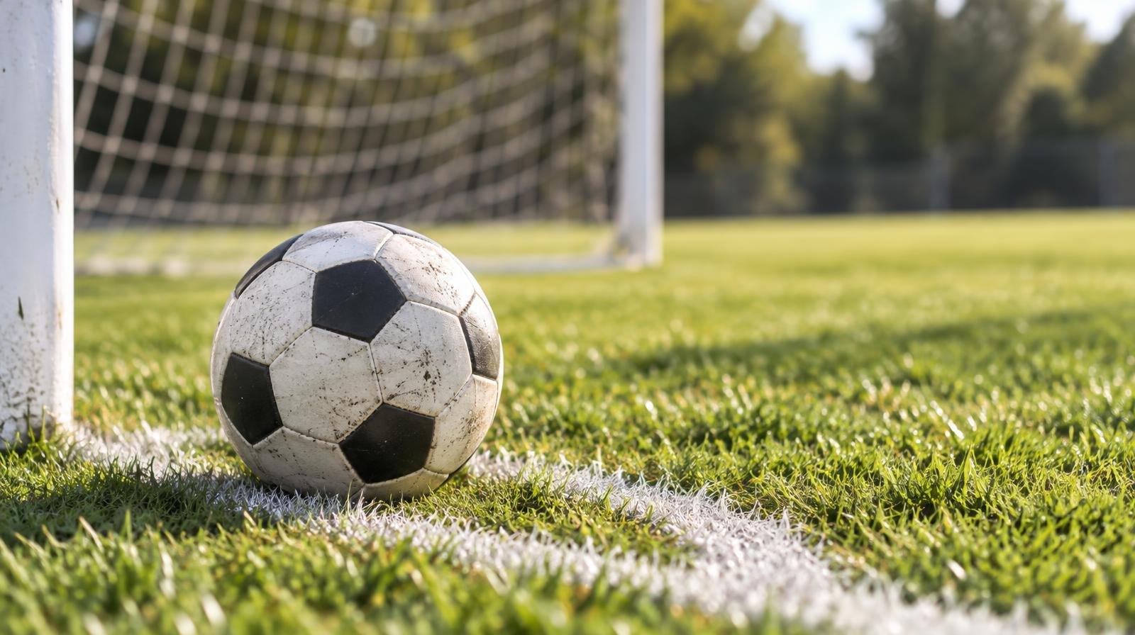 A soccer ball resting on green grass near a corner arc with a goal net in the background.