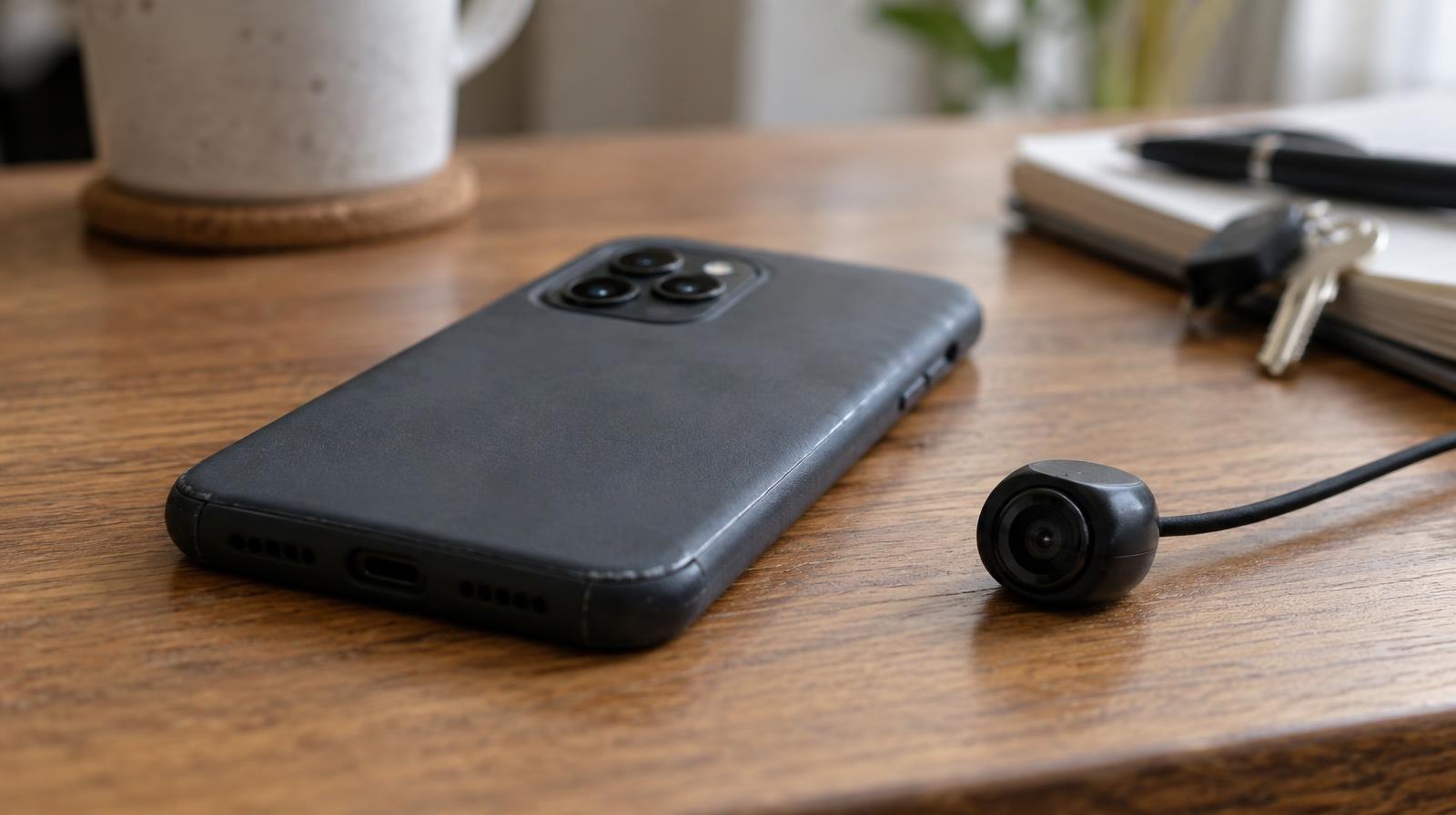 A smartphone lying face-down on a wooden table with a small camera lens beside it.