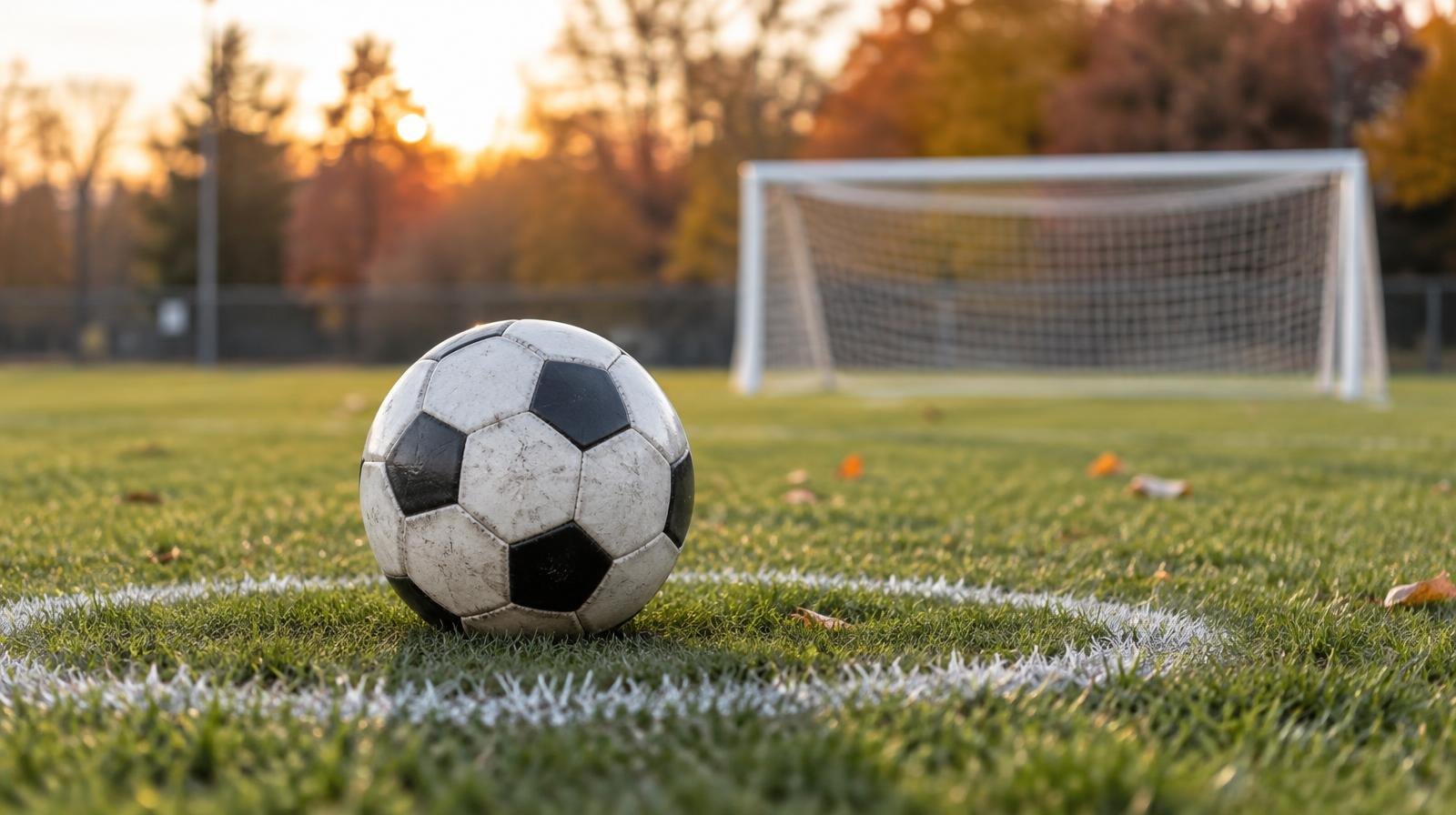 A black-and-white soccer ball on a green grass field with a goal net in the background.
