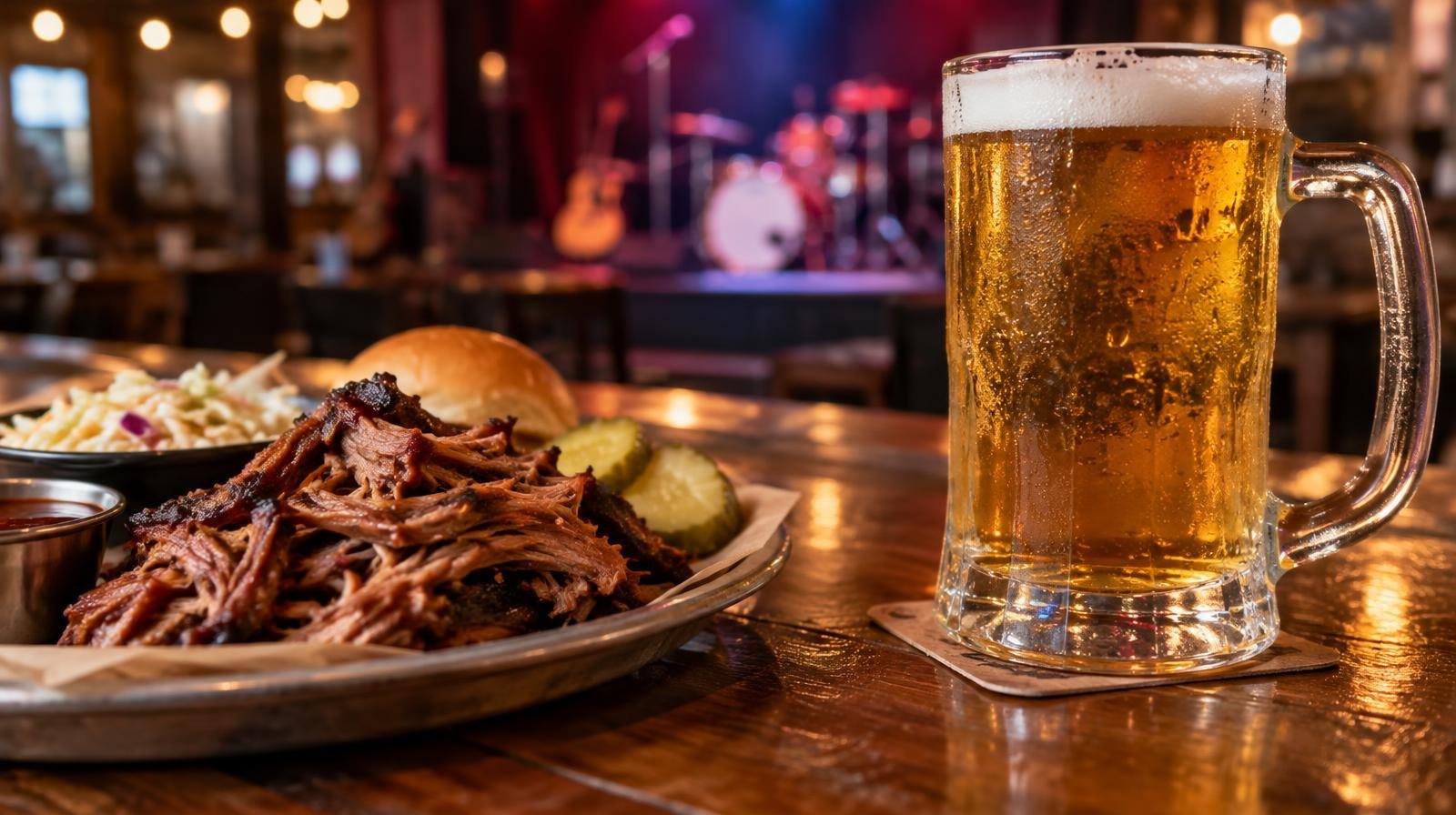 A glass of beer and pulled pork on a wooden bar top.