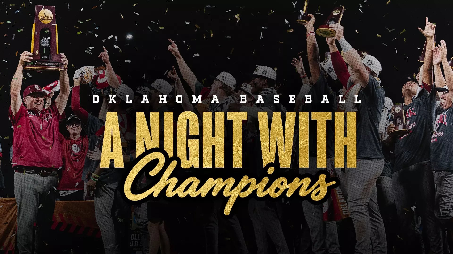 Promotional graphic showing baseball players celebrating with a trophy and confetti, with gold text reading Oklahoma Baseball A Night with Champions.