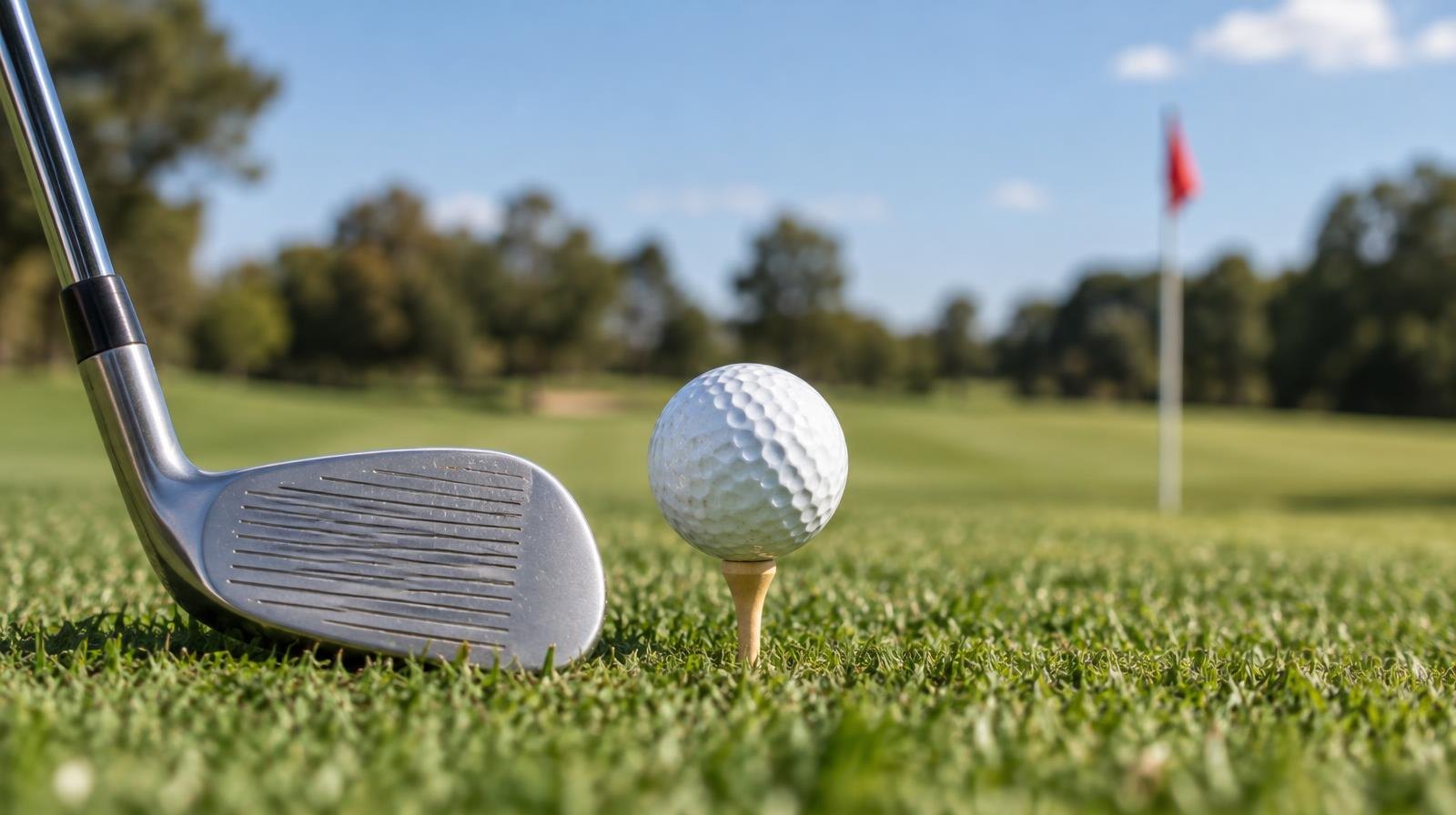 A golf ball on a tee beside a club on a green fairway with a distant flag pin.