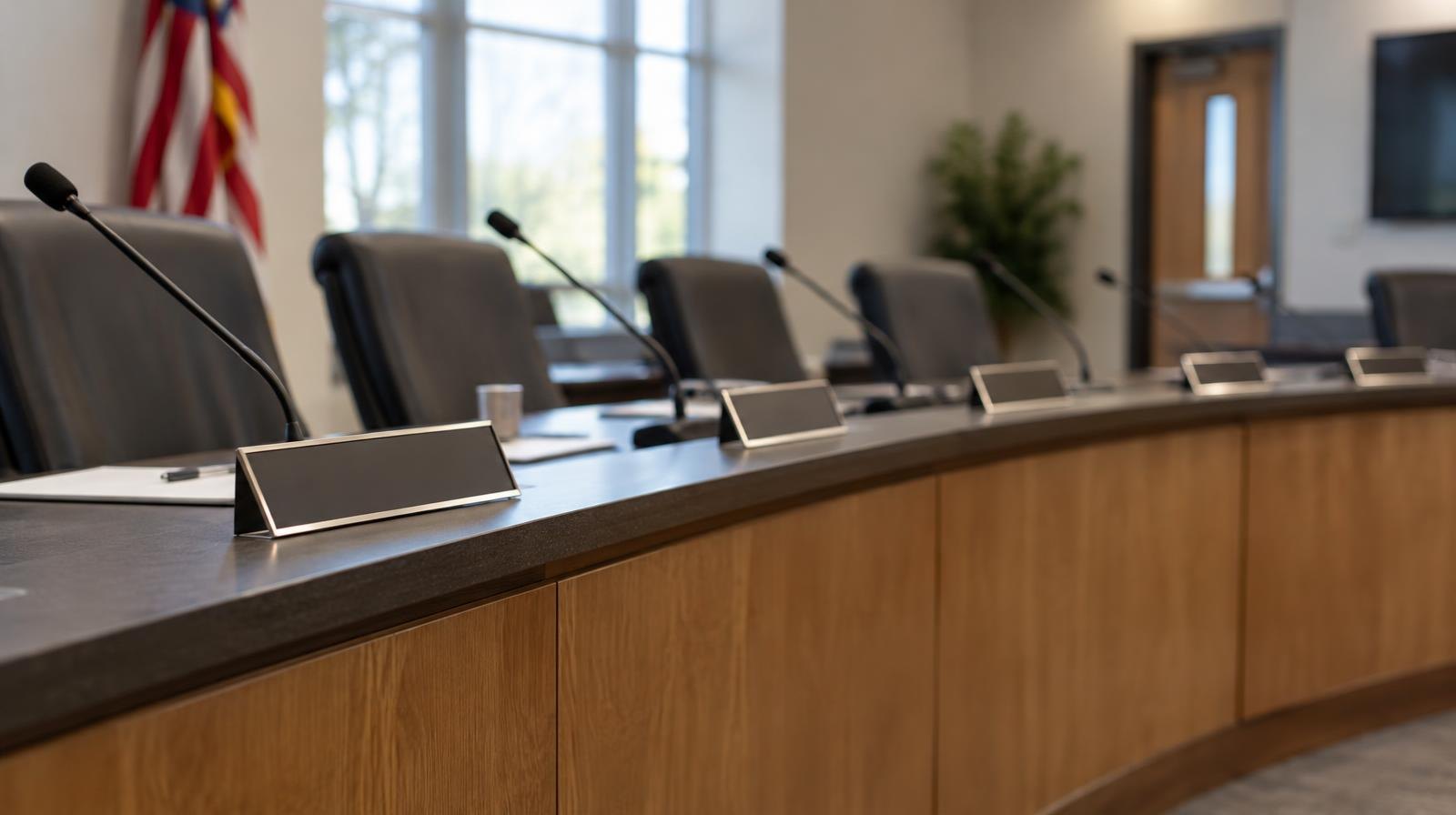 Empty curved dais with name placards and microphones in a meeting room.