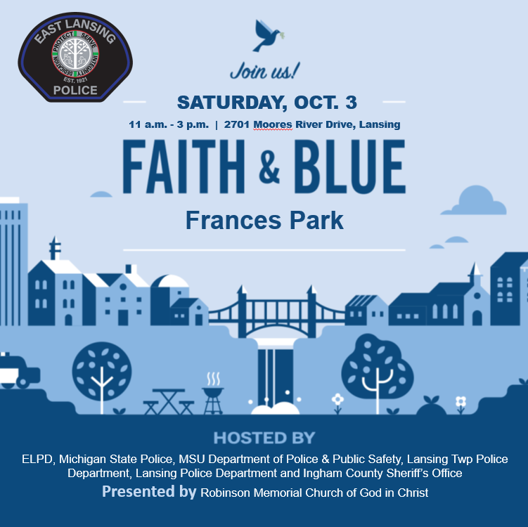 Event flyer for Faith and Blue at Frances Park showing police badge logo and event details.