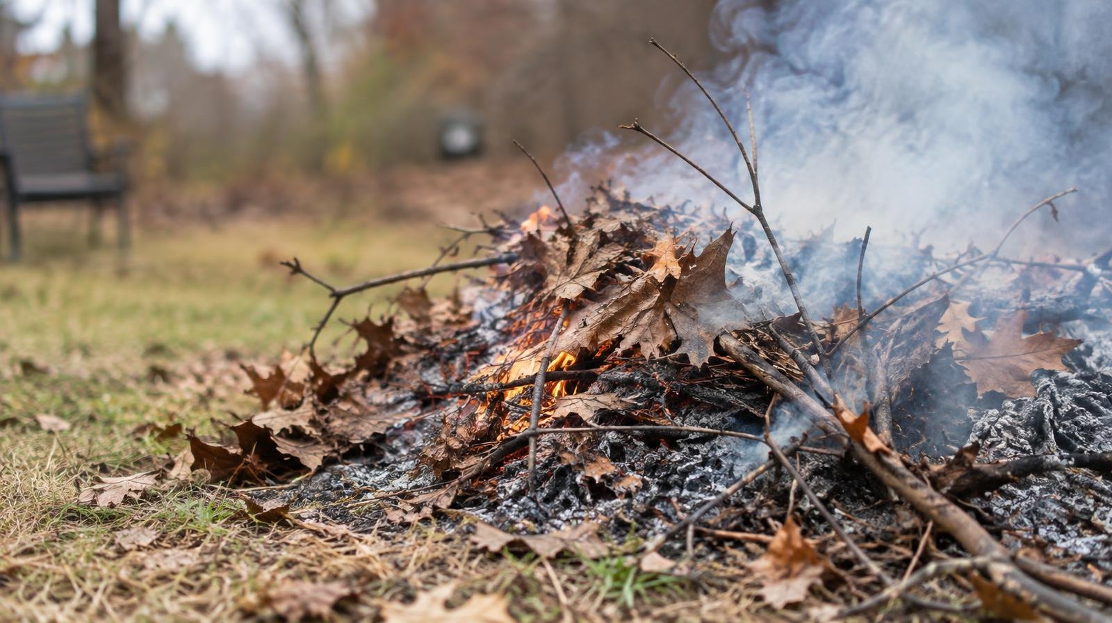 Dry autumn leaves and woody brush debris smoldering with wisps of smoke rising.