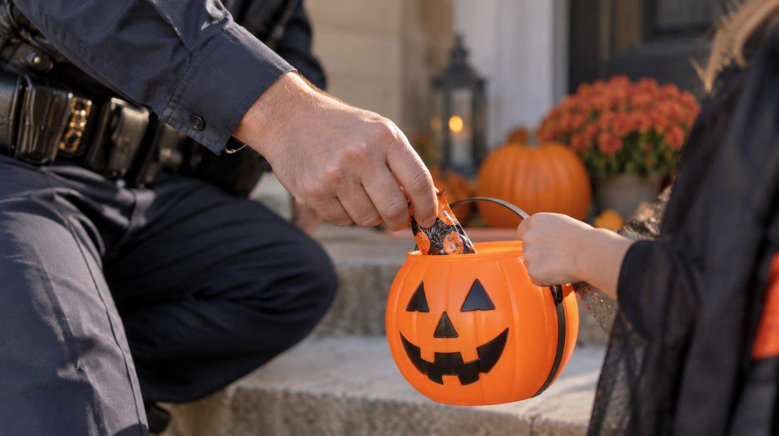 A gloved hand placing wrapped candy into an orange pumpkin-shaped treat bucket.