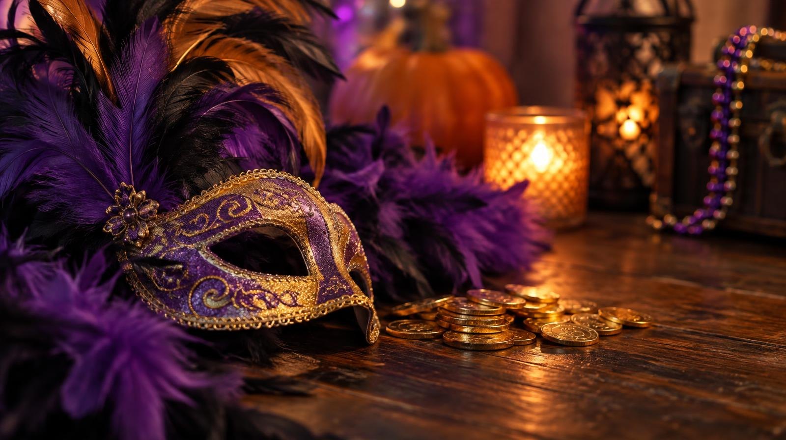Glittery masquerade mask and feather boa on a dark wooden surface.