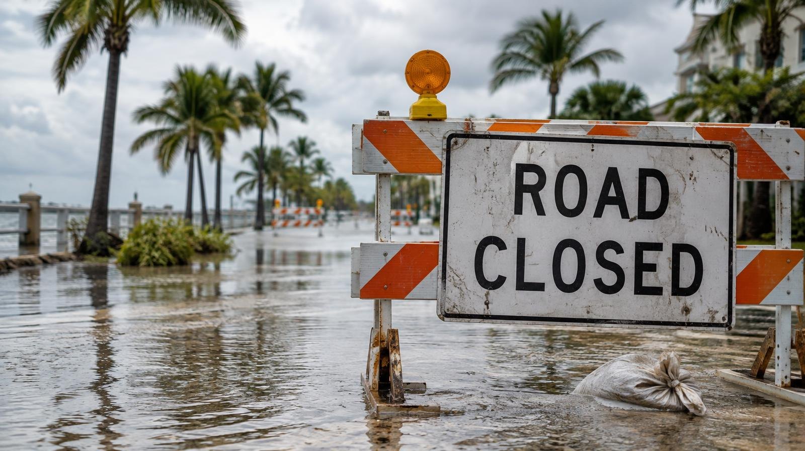 Flooded coastal street intersection with standing water, barricades, and palm trees under overcast skies.